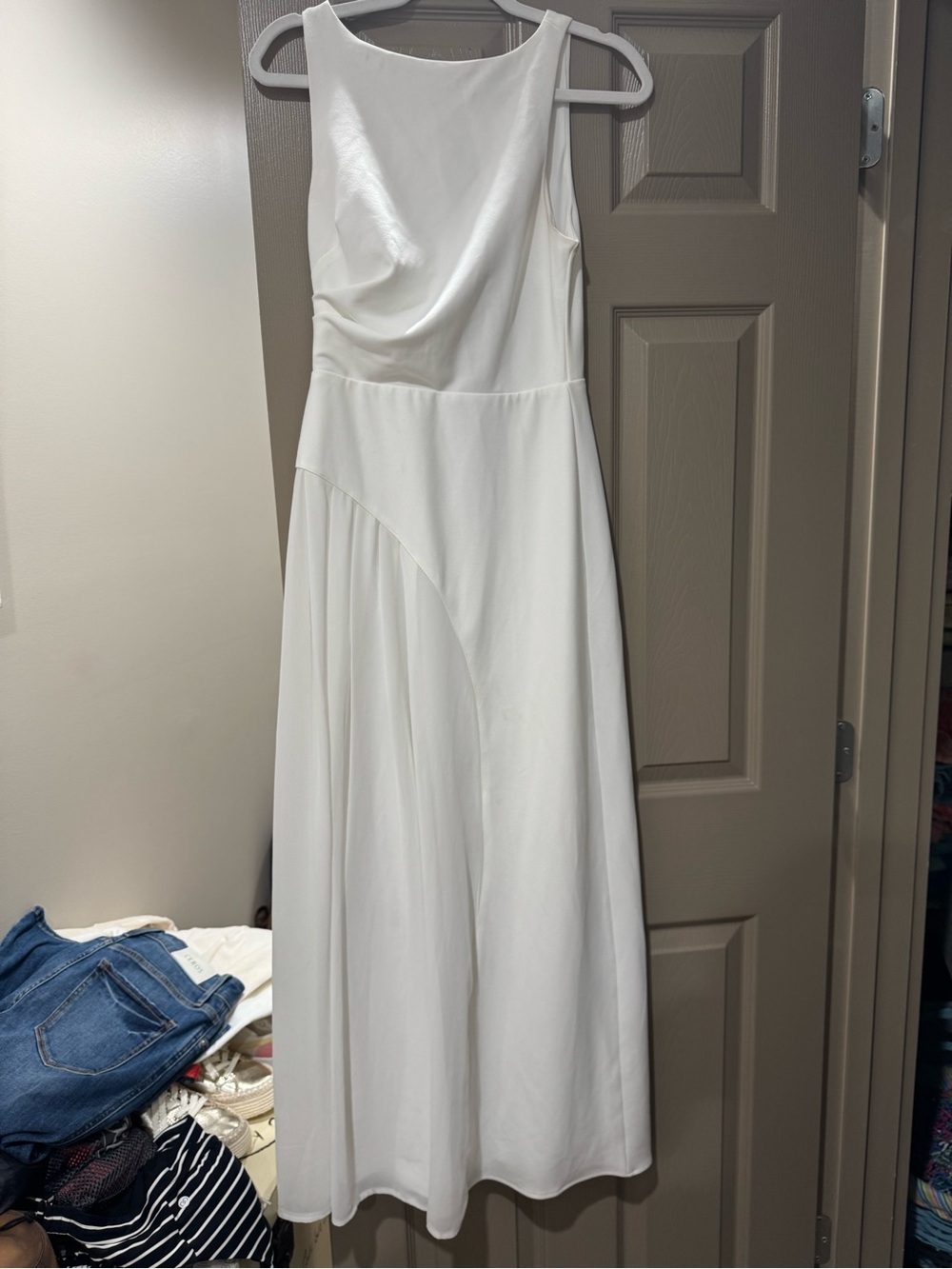 Selfie Leslie White Sleeveless Draped Maxi Dress